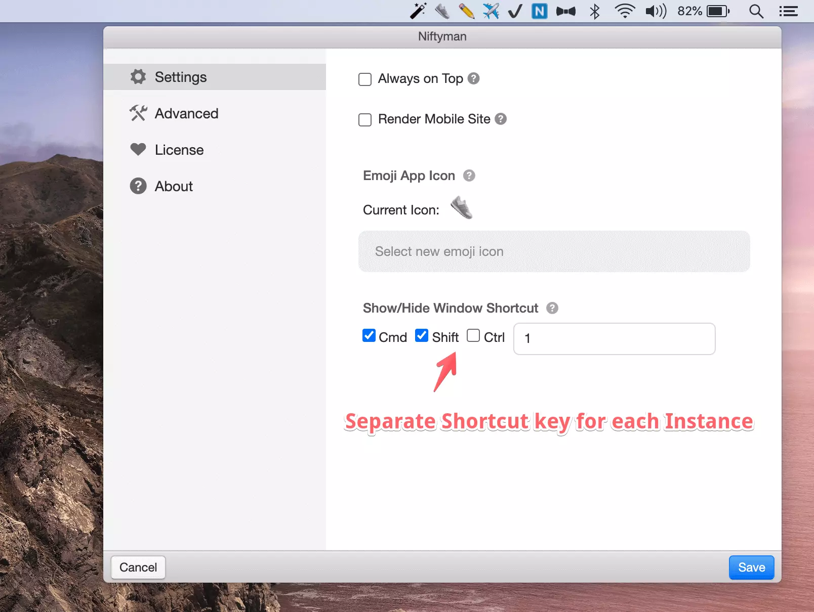 Picture showing how to configure shortcuts for Niftyman Notion pages