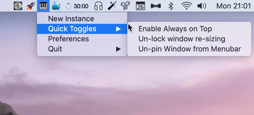 Picture showing Niftyman's handy features in Quick toggles like Pin/Un-pin window, Always on top